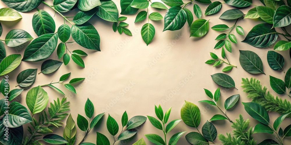 Poster lush green foliage arranged in a circular frame on a neutral background