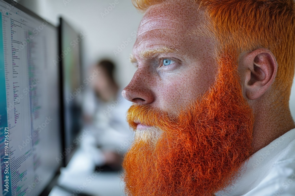 Poster a detailed view of a person's face featuring a distinctive red beard