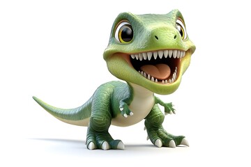 Fototapeta premium Friendly 3D Cartoon Dinosaur with Big Smile Bright Green Isolated on White Background