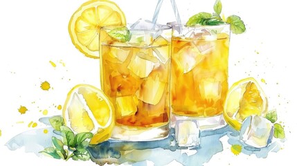Fototapeta premium Lemon tea with ice and mint, clipart, watercolor, white background