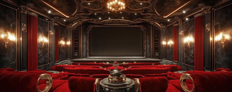 A theater interior with red velvet seats and a large silver screen, 4K photo.