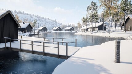 Fototapeta premium Winter landscape with cabins by a serene lake and snow-covered surroundings.
