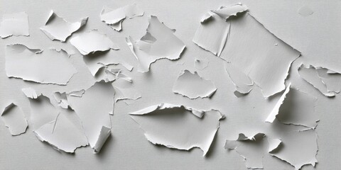 Torn white paper pieces scattered on a soft gray background with various shapes and sizes arranged randomly across the surface for texture.