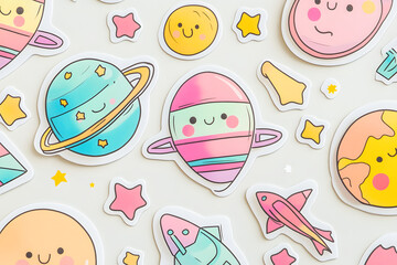 Cute Outer Space Sticker Collection: Playful Spaceships and Planets