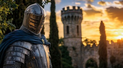 Majestic Knight Standing Guard at the Gates of a Mystical Kingdom During Sunset, Evoking a Sense of Adventure and Fantasy in a Timeless Realm