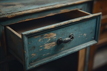 Close-up of a rustic wooden drawer with peeling paint and visible textures