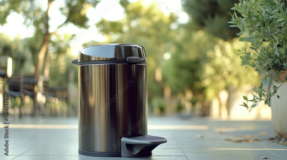 Poster a trash can sitting beside a tree in an outdoor setting