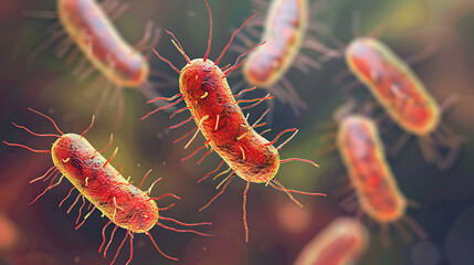 Fototapeta premium Close-up view of Salmonella bacteria under a microscope in vibrant colors showcasing rod-shaped structures with a blurred laboratory background, emphasizing microbiology and scientific research.