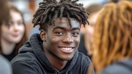 Students engage in collaborative project work in a vibrant library setting