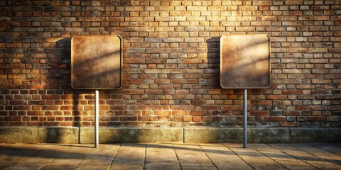 Blank Signage Against Rustic Brick Wall in Golden Sunlight