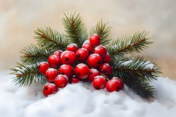 Winter Holiday Design with Snow-Covered Evergreen Branches and Red Berries