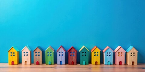 Obraz premium Vibrant Colorful Miniature Houses on a Wooden Surface against a Blue Background
