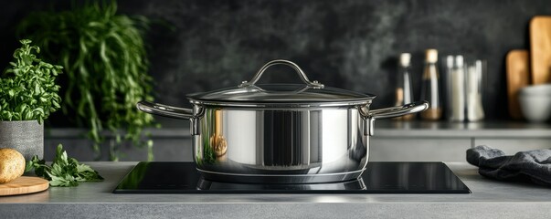 sleek stainless steel saucepan with a fitted lid on an induction cooktop in a contemporary kitchen, complemented by green plants and modern appliances. Ideal for promoting kitchenware, cooking tutoria