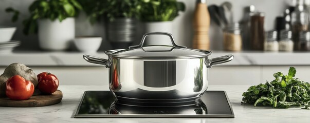 sleek stainless steel saucepan with a fitted lid on an induction cooktop in a contemporary kitchen, complemented by green plants and modern appliances. Ideal for promoting kitchenware, cooking tutoria