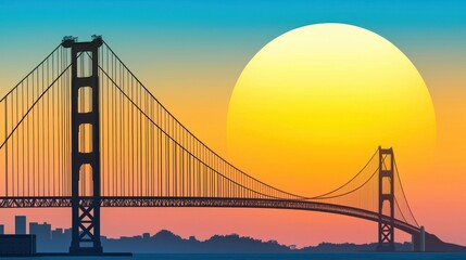 Sunset view of a bridge with a large sun in the background.