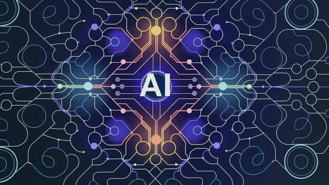 Abstract illustration depicting artificial intelligence (AI) as a complex network of interconnected nodes and circuits.  The central "AI" logo glows brightly.