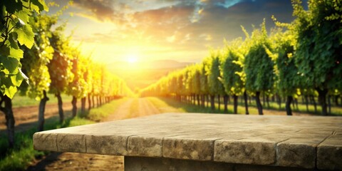 Obraz premium Sunset Vineyard Tabletop Scene Rustic Stone Surface with Rows of Grapevines