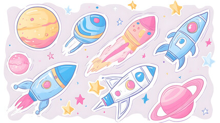 Playful Outer Space Sticker Set: Doodled Spaceships and Colorful Planets