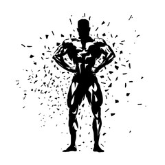 Bodybuilding, posing bodybuilder, isolated vector silhouette with dispersion effect