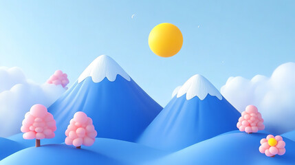 The image depicts a whimsical, cartoonish landscape with two snow-capped blue mountains under a bright yellow sun
