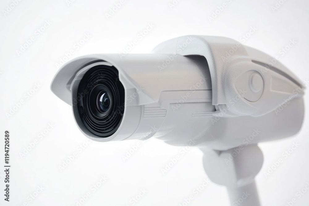 Poster a close-up view of a camera on a white background, ideal for photography and technology-related conc