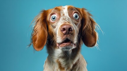 A close-up shot of a dog's face with a surprised expression