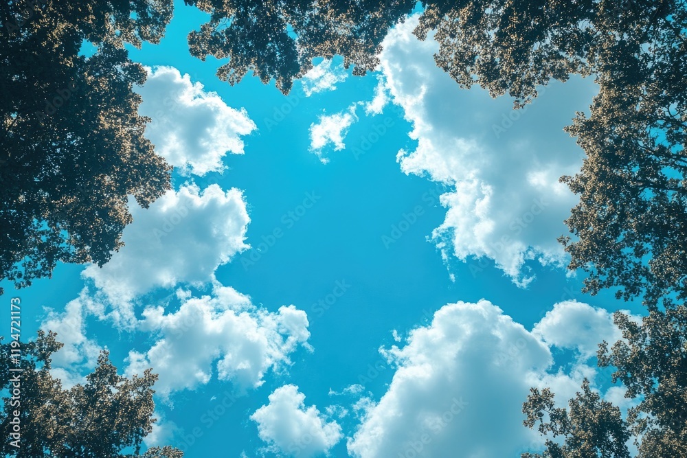 Poster A serene scene of a forest with clouds and trees, suitable for use in nature-inspired designs or as a background