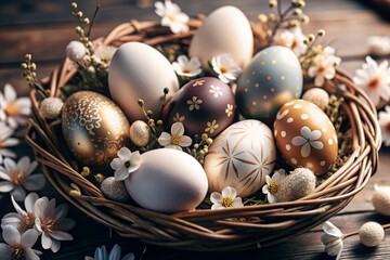 Obraz premium Easter banner. The concept of a bright Easter holiday. An unusual delicate Easter egg with delicate white flowers