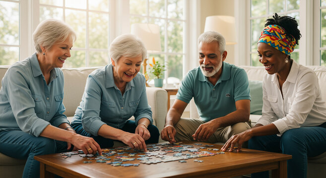 Puzzle, leisure and diversity with senior people, activity and recreation, multi-ethnic group, friends for hobby, relax and mental health, older adults