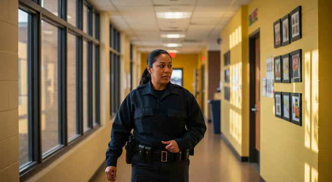 Female police officer patrolling school hallway in uniform, ensuring safety and security. Law enforcement, duty and protection in educational environment for public service and peacekeeping