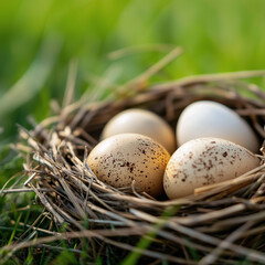 Obraz premium nest, ei, bird, natur, essen, ostern, ei, quail, braun, mushroom, frühling, tier, gras, close up, halme, herbst, wald, dekoration, existenz, bio, wild lebende tiere, gering, schale, pilz, makro