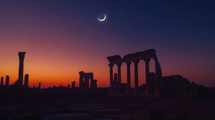 Ancient Ruins Silhouetted Against a Sunset Sky