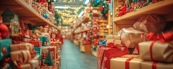 A toy store filled with wrapped gifts and holiday decorations, 4k photo.