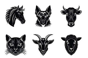 Domestic animals head silhouette set, Animal icon vector illustration, dog, cat, cow, sheep, horse, cat