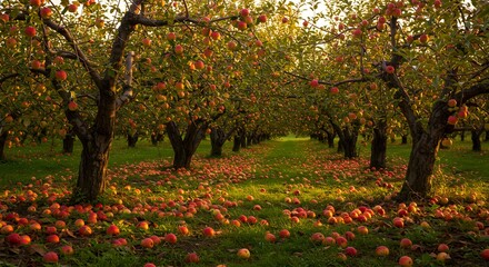 Naklejka premium A serene apple orchard with ripe apples on trees and fallen ones on the ground. Farming and Agriculture