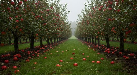 A serene apple orchard with ripe apples on trees and fallen ones on the ground. Farming and Agriculture
