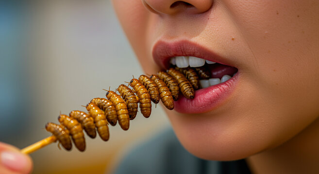 Close-up of person eating skewered insects as street food delicacy, showcasing exotic cuisine, cultural exploration, and adventurous eating in an urban setting