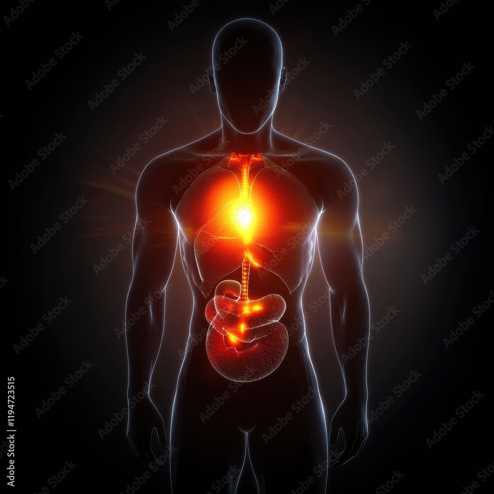 Poster glowing human torso with illuminated red focal point in stomach area showing vibrant internal energy