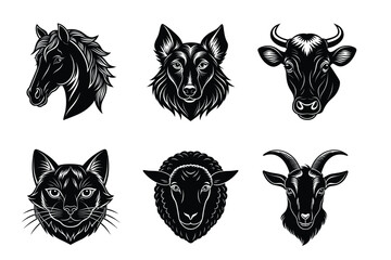Domestic animals head silhouette set, Animal icon vector illustration, dog, cat, cow, sheep, horse, cat