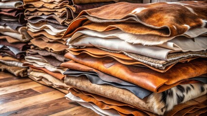 Stacks of Natural Leather Hides in Various Colors and Textures