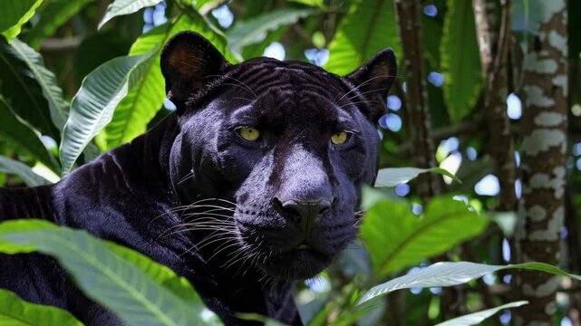 Close Up Of Black Panther Hidden Among Jungle Leaves, Mysterious Wildlife Scene Video 4K