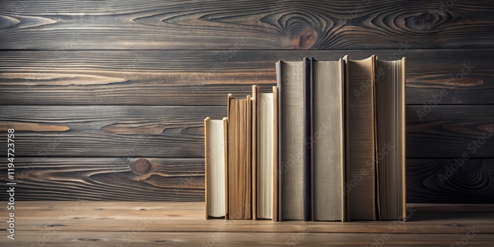 Poster a row of books resting on a wooden surface against a wooden background