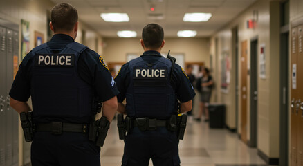 Police officers in uniform patrolling school hallway, ensuring safety, protection, and security. Law enforcement, teamwork, and authority in educational environment for public safety and surveillance
