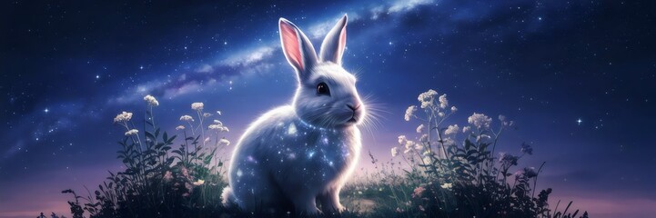 Celestial rabbit among wildflowers under a starry sky