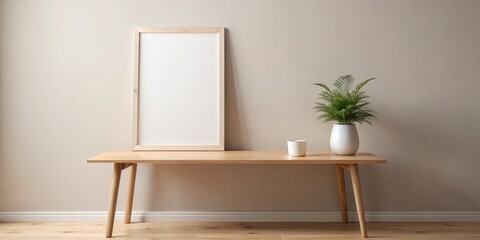 Minimalist interior design featuring blank frame on wooden console table with potted plant