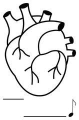 Anatomical heart design with bold outlines and small musical note at the corner. Ideal for science, art, creativity, music, anatomy education, conceptual health, abstract line flat metaphor