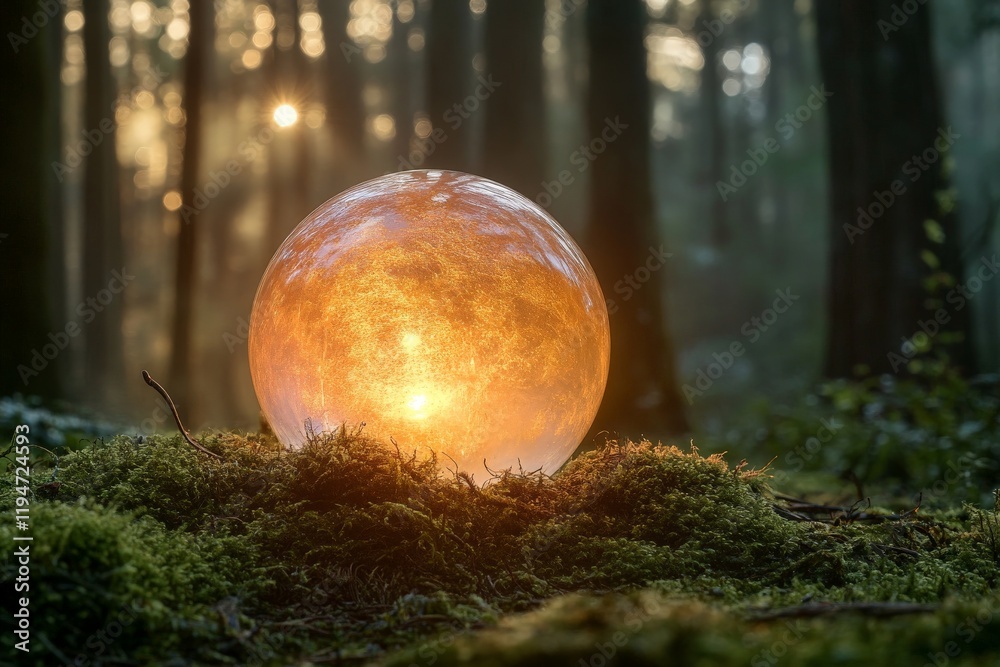 Poster a glowing sphere illuminates the forest floor with a warm light, casting mystical shadows among the 