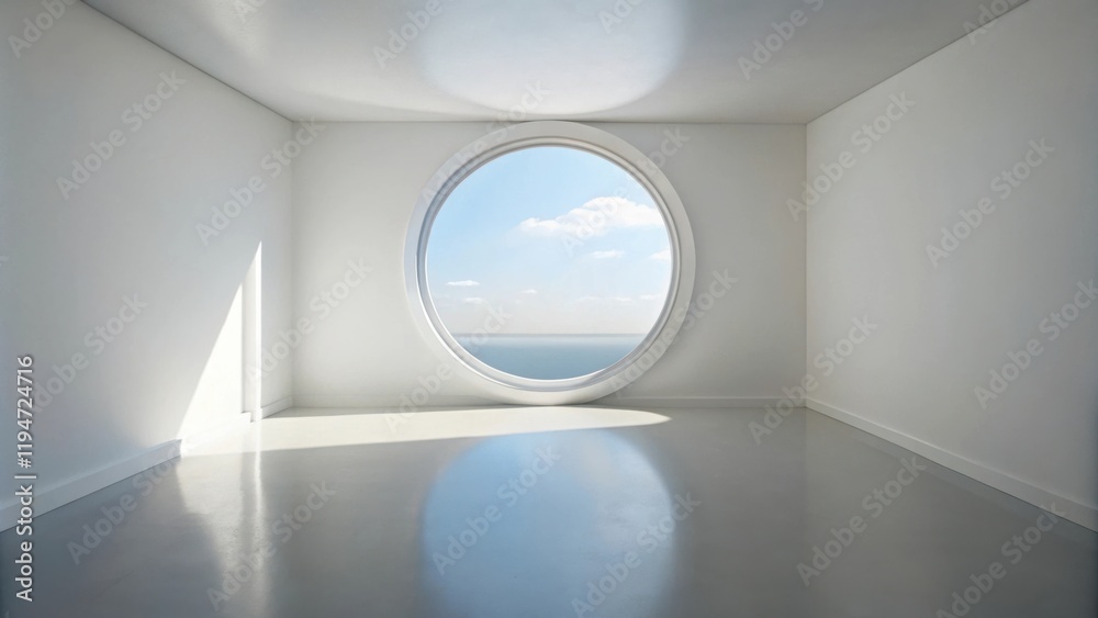Poster serene minimalist room with ocean view through a large round window