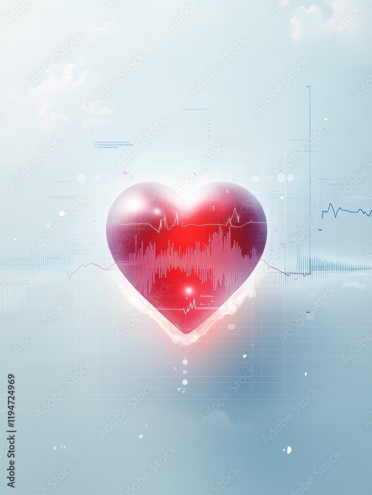 Aufkleber glowing red heart with a dynamic cardiogram showcasing vibrant health and vitality in a serene atmos