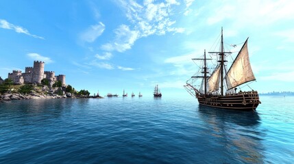A serene maritime scene featuring a ship and a castle by the water.